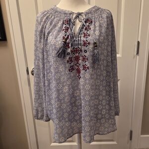 Boho Floral Embroidered Blouse with Tassels Size XL